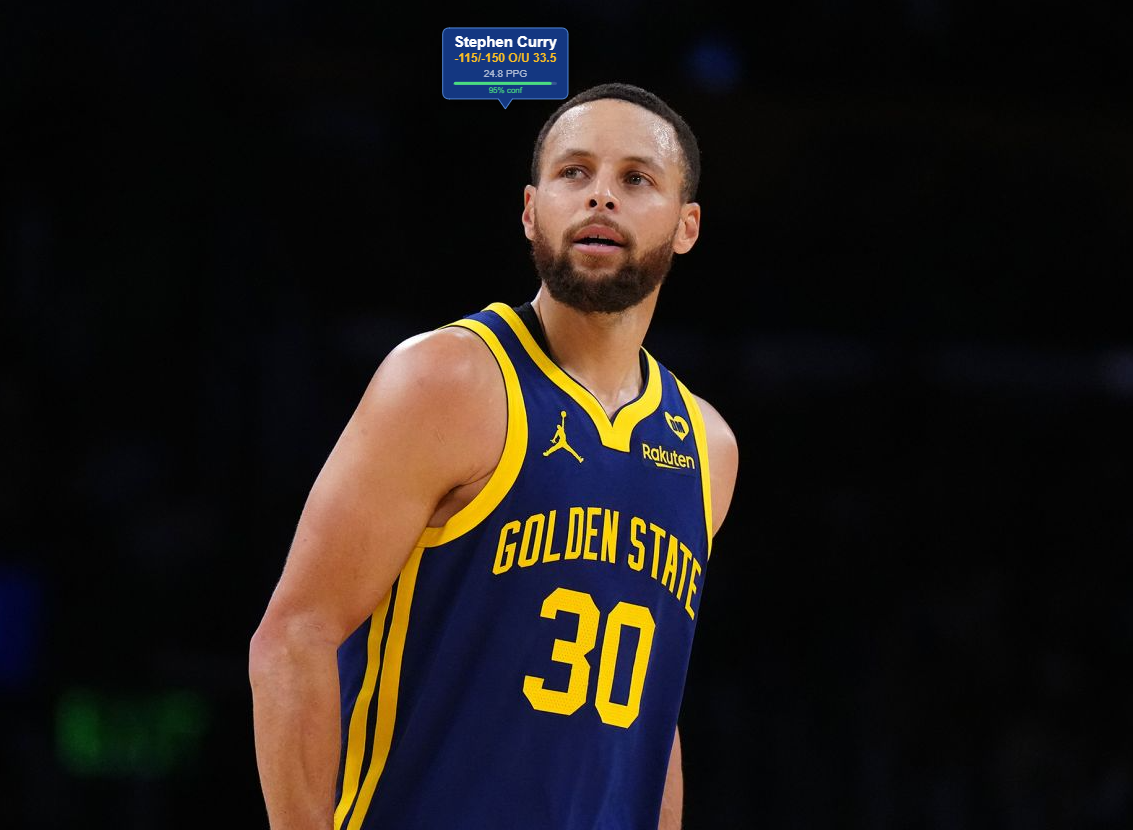 PropLayer overlay on Stephen Curry #30 — live prop odds and stats badge