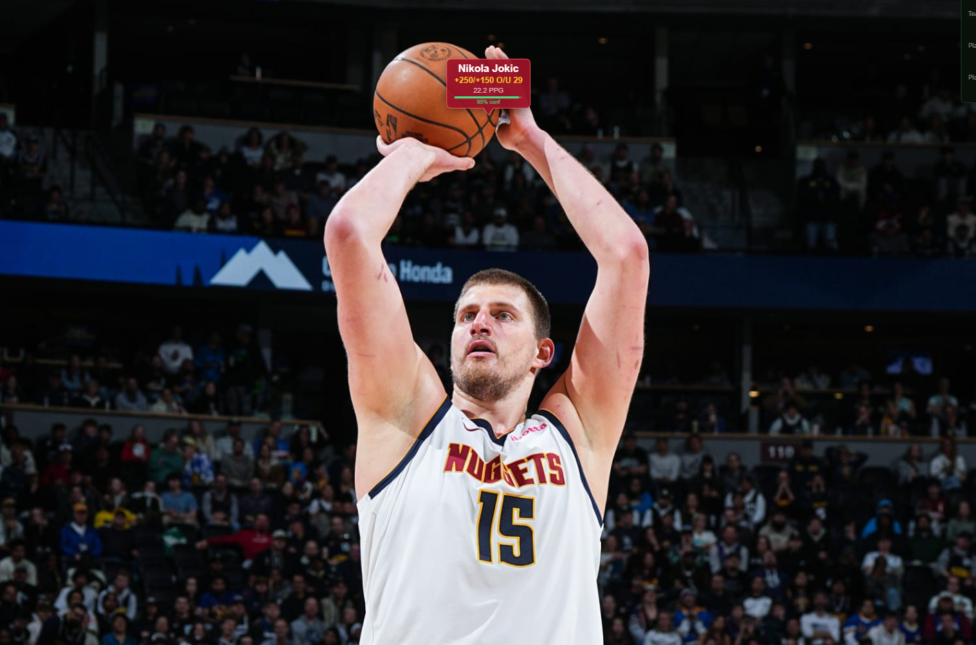 PropLayer overlay on Nikola Jokic #15 — live prop odds and stats badge