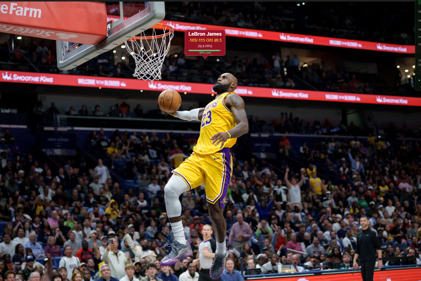 PropLayer overlay on LeBron James #23 — live prop odds and stats badge