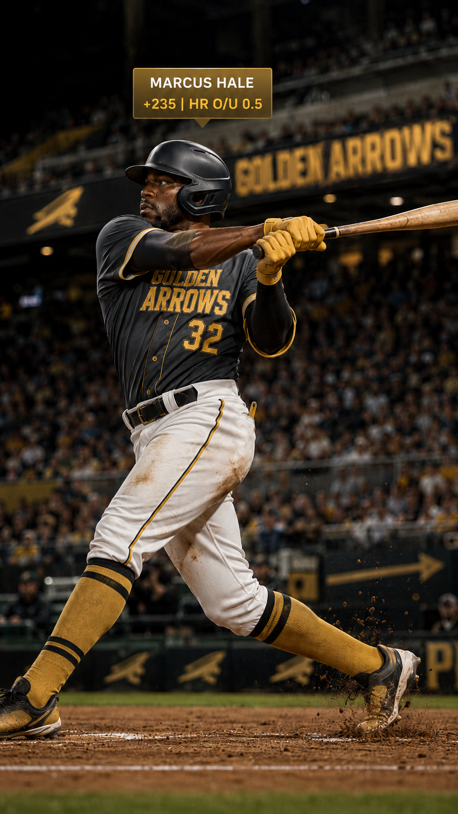 PropLayer overlay concept on a baseball broadcast — player badge with live prop line and odds