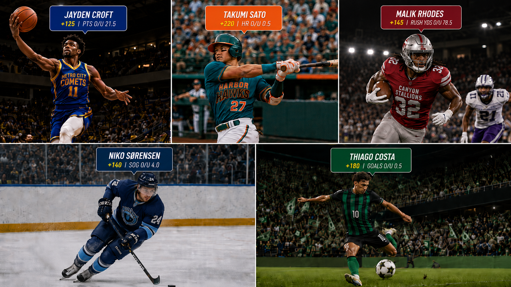 PropLayer overlay concept across five sports — basketball, baseball, football, hockey, and soccer, each with a live player prop badge