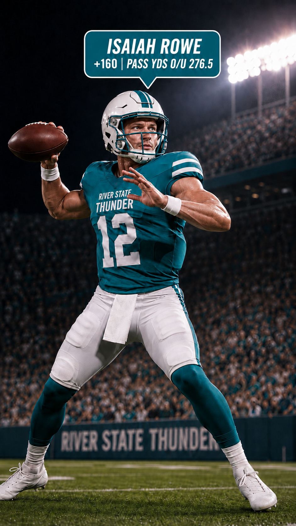 PropLayer overlay concept on a football broadcast — player badge with live prop line and odds