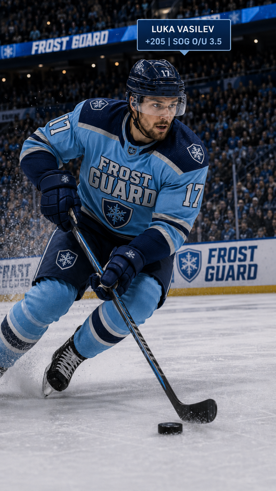 PropLayer overlay concept on a hockey broadcast — player badge with live prop line and odds