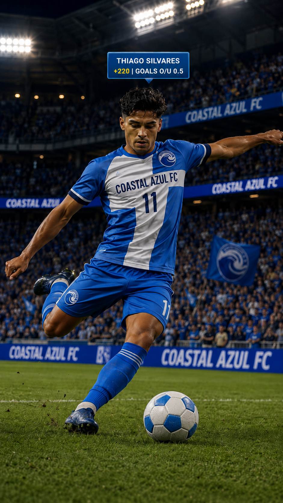 PropLayer overlay concept on a soccer broadcast — player badge with live prop line and odds